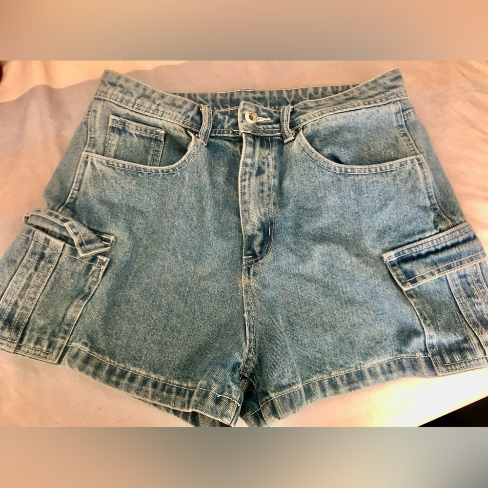 Denim Y2K Cargo Jean Shorts Washed Edge Decoration
